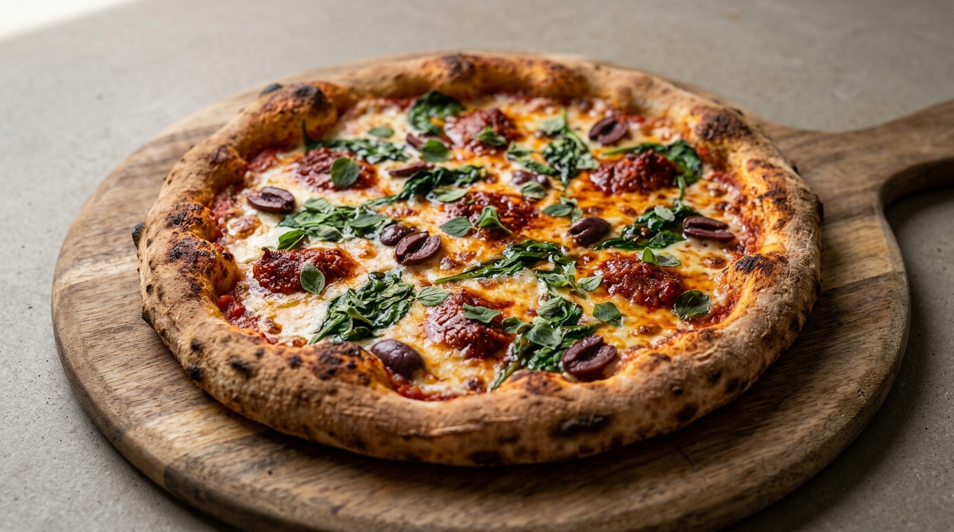 Surdejspizza med nduja, spinat og oliven