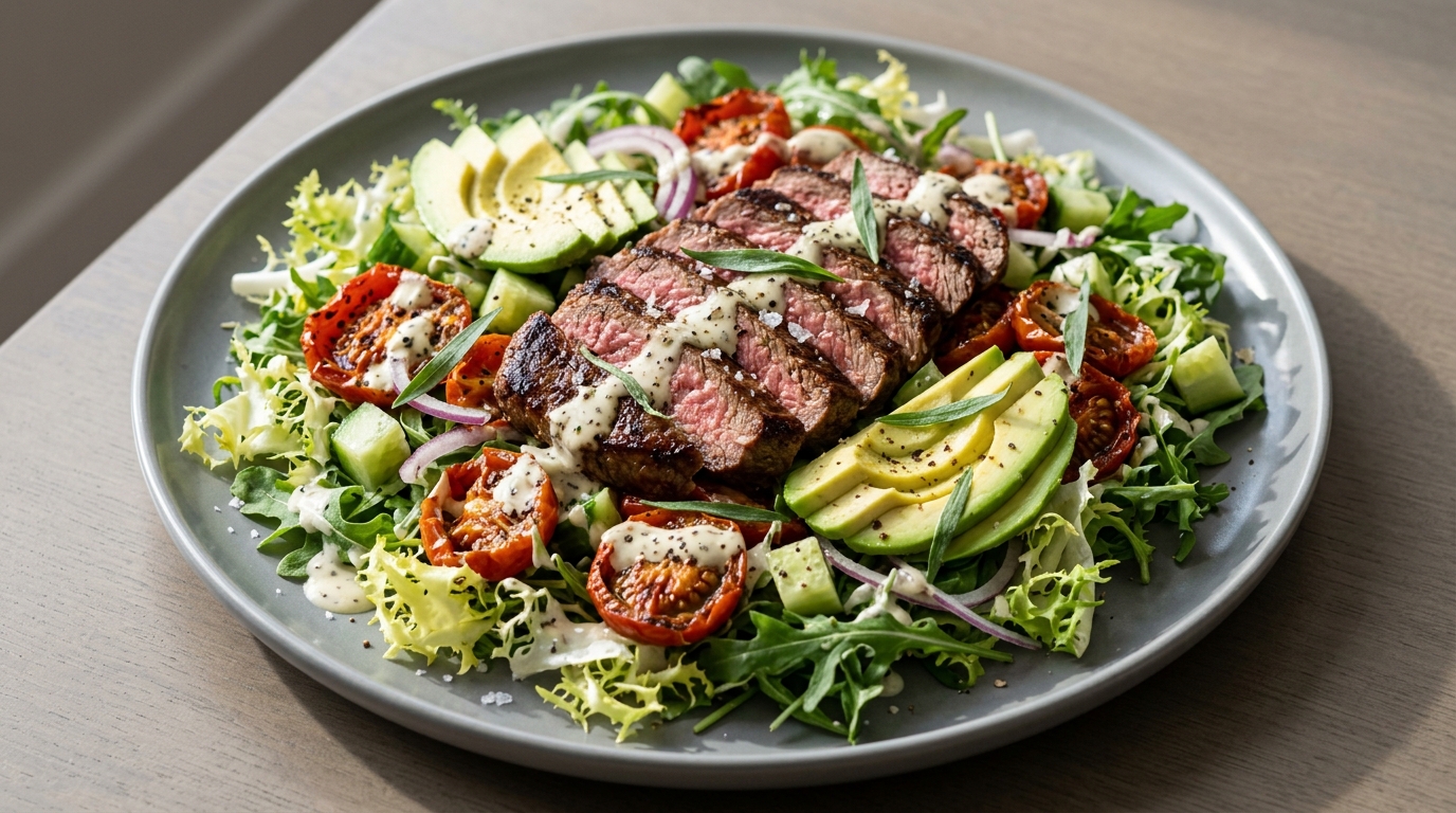 Steak salat med bagte tomater og estragondressing