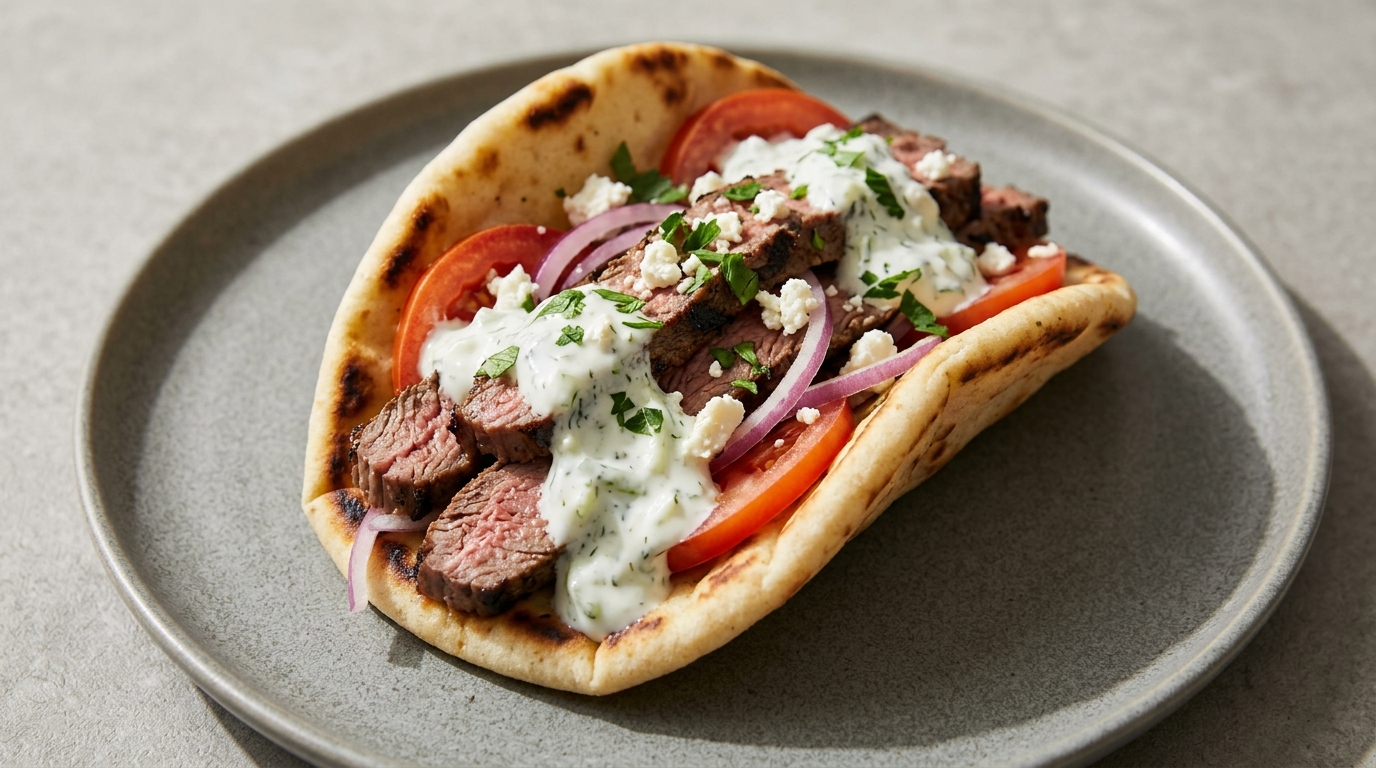Græske flanksteak gyros med tzatziki