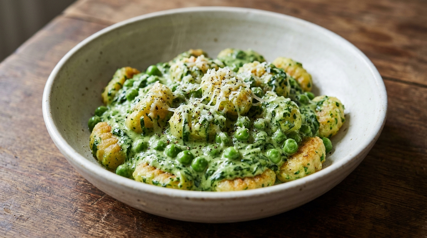 Gnocchi med ærter og spinatcreme