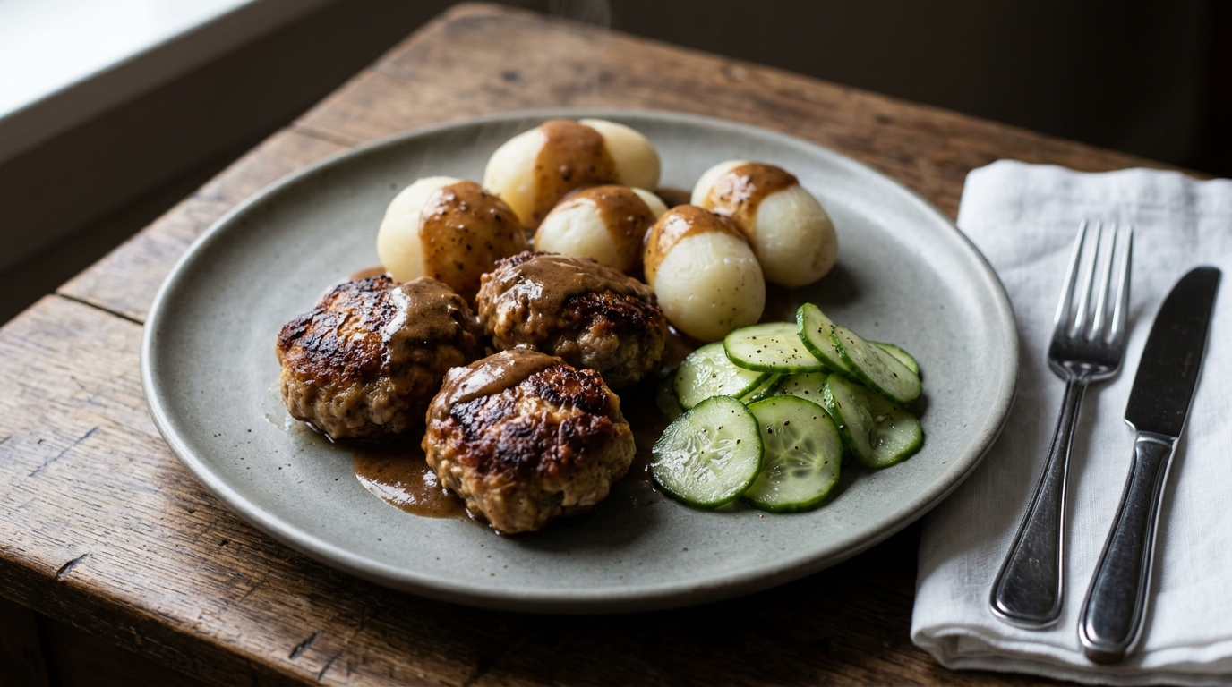 Frikadeller med pandesauce, agurk og kartofler