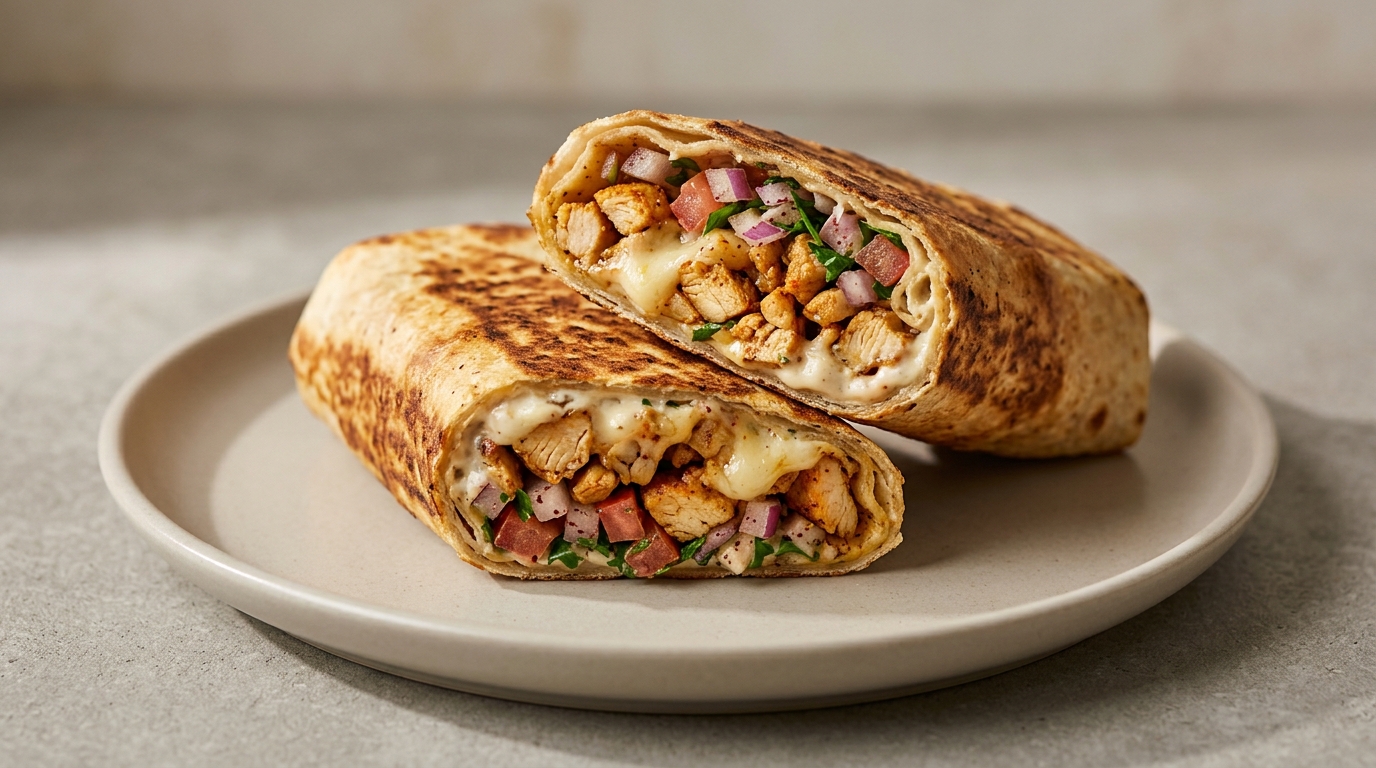 Hvidløgs- osteshawarma-wrap