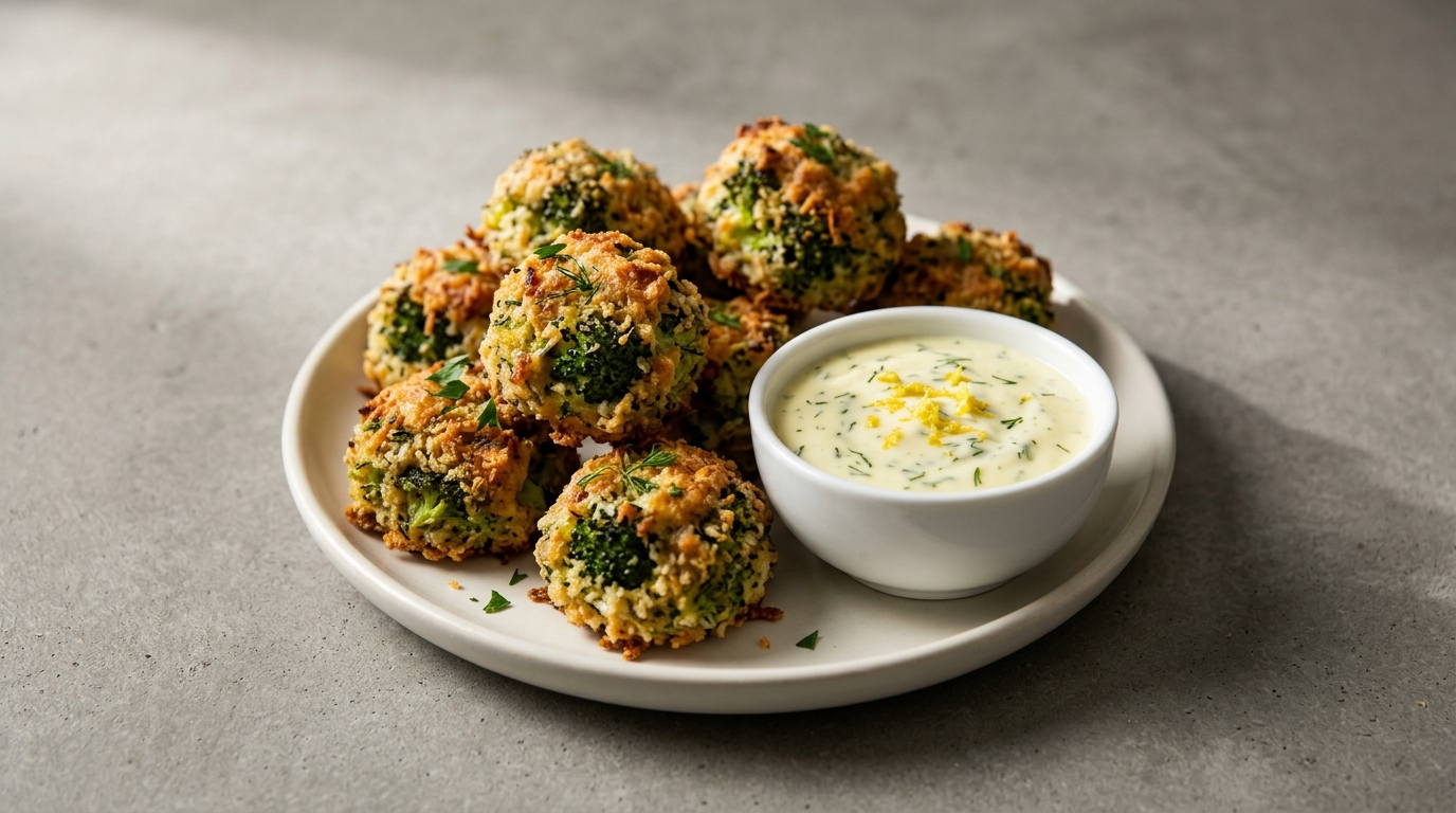 Broccoli- og urtebites med citron-yoghurtdip