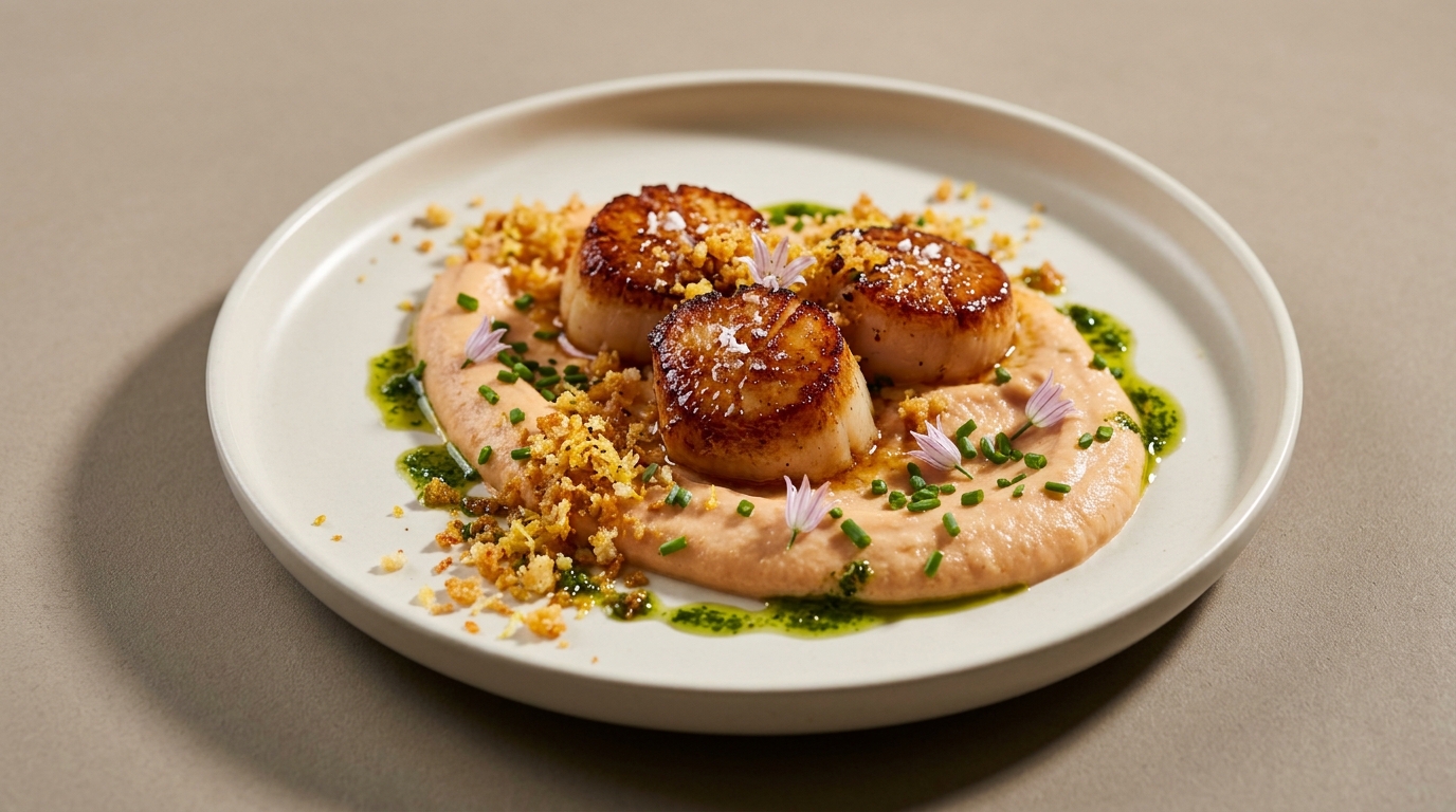 Stegte kammuslinger med ’nduja-smør & bønnecreme, citronpangrattato & urteolie
