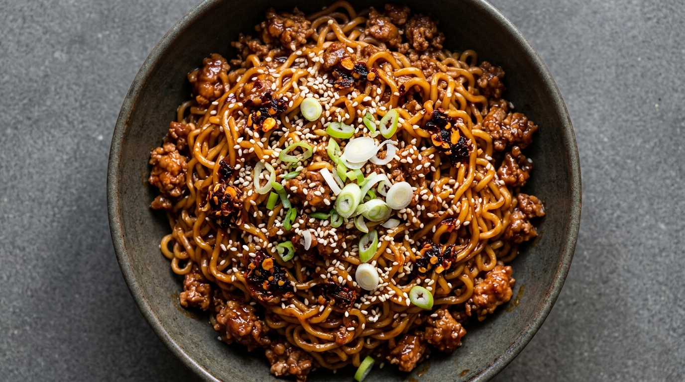 Klistrede svinekødsnudler med gochujang