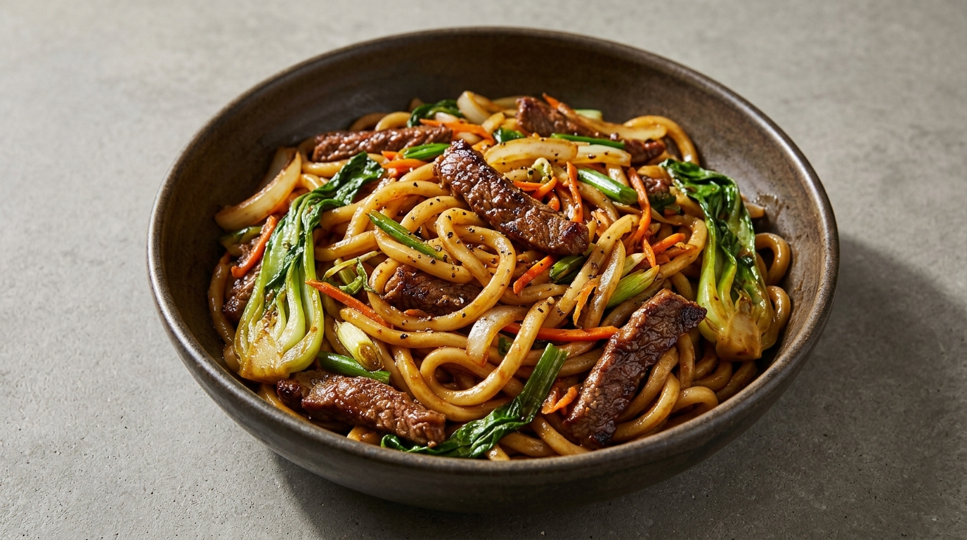 Oksekød med udon-nudler
