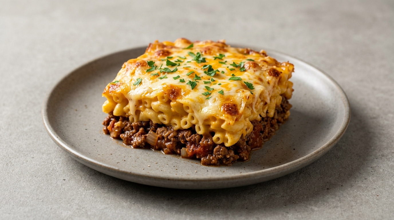 Bagt oksekød og macaroni and cheese-casserole