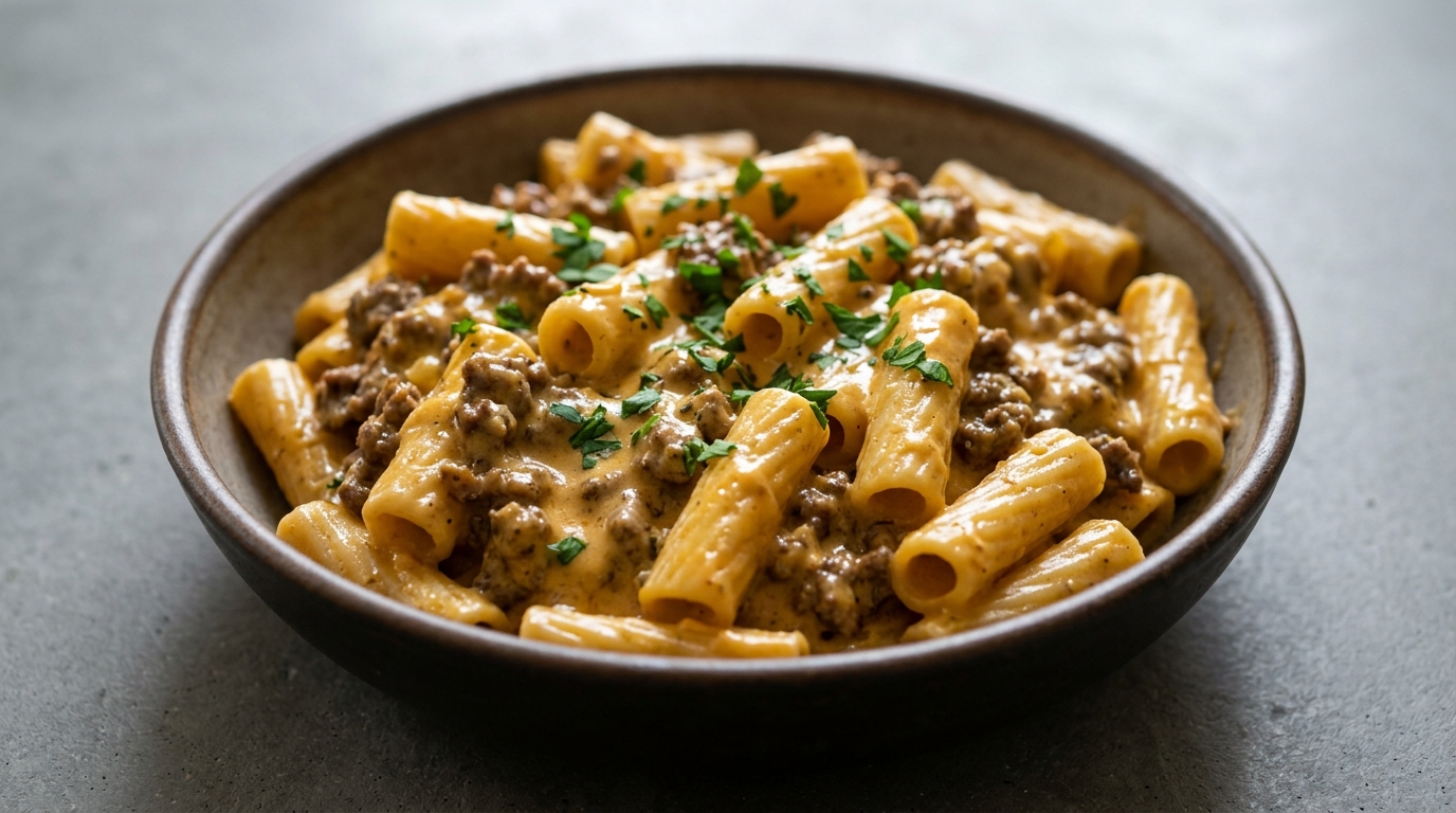 Kødsovs med rigatoni og smeltet ost