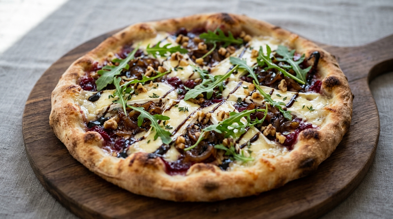 Tranebær- og brie-pizza med karamelliserede løg