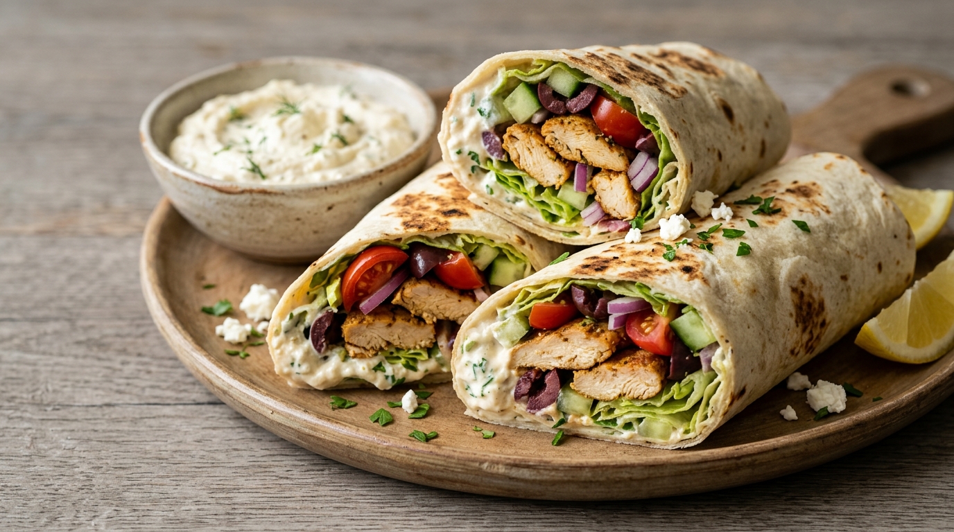 Kyllingewraps med cremet citron-feta-dip