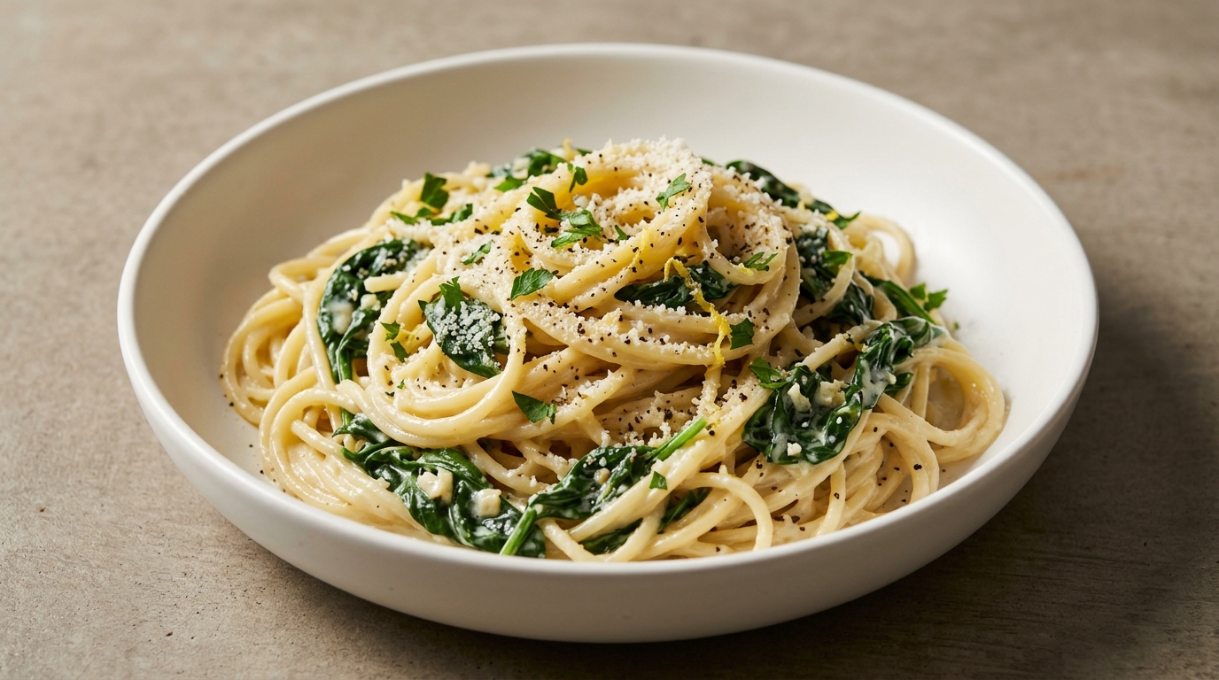 Spaghetti med citron, hvidløg, spinat og parmesan