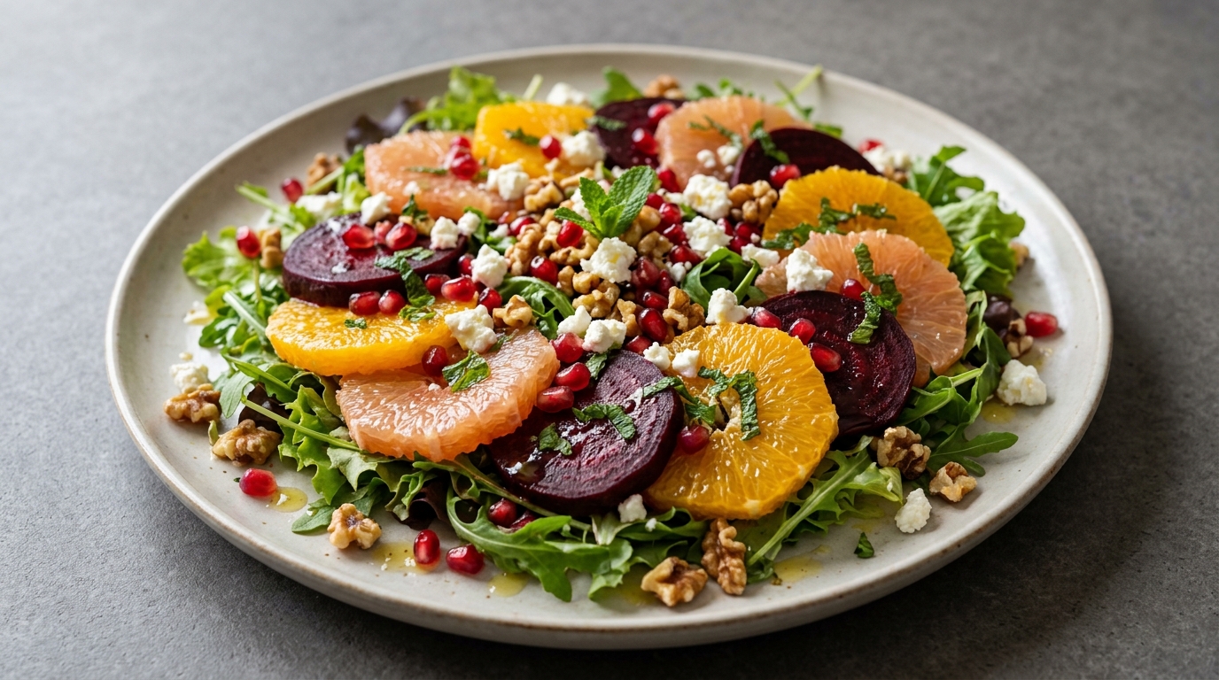 Rødbede- og citrussalat med granatæble, feta og ristede valnødder