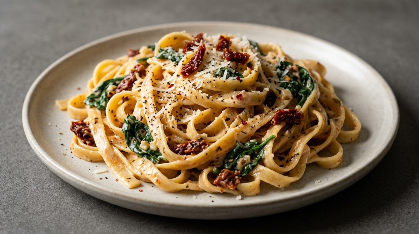 Fettuccine med spinat og soltørrede tomater