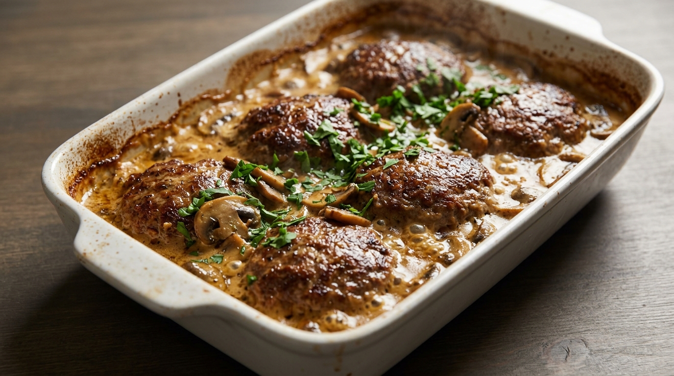 Salsbury steak med svampesovs i fad