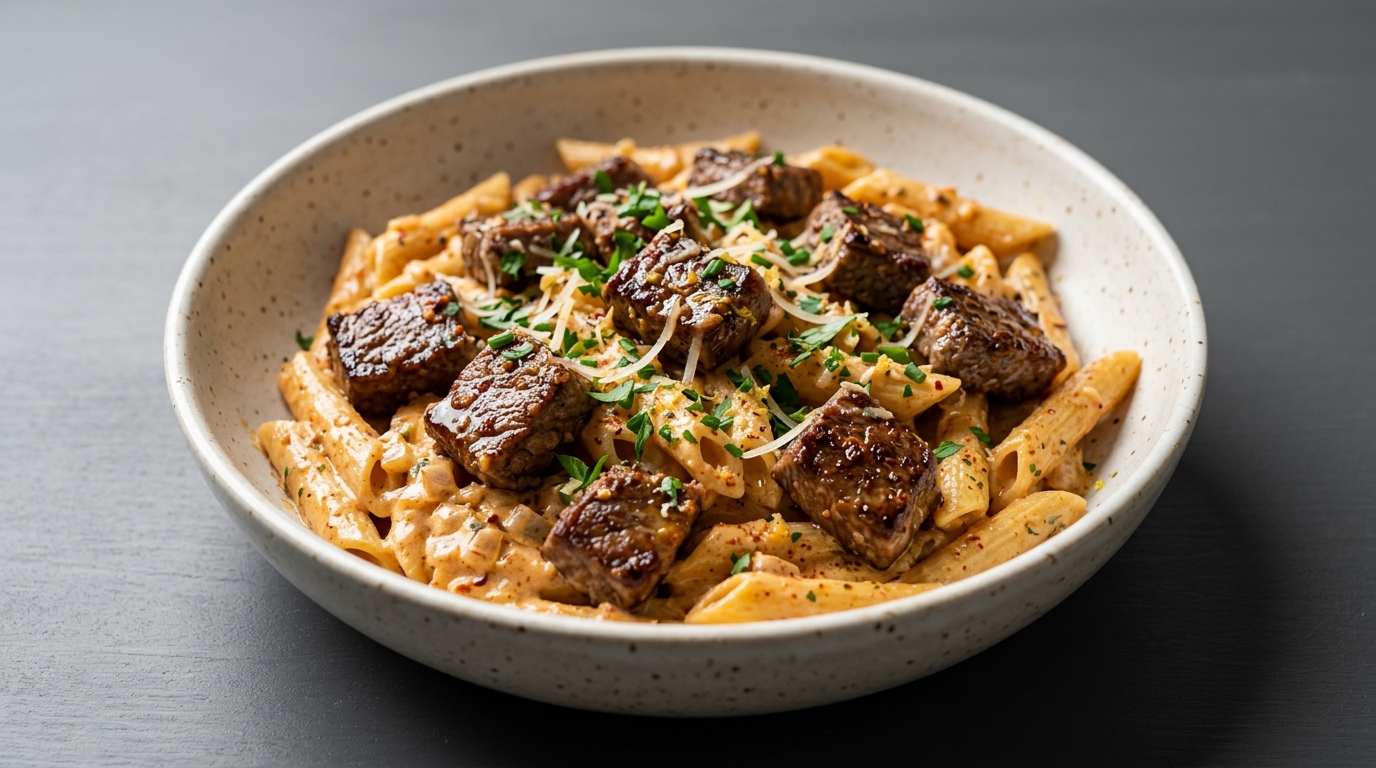 Pasta med bøfstykker og smør