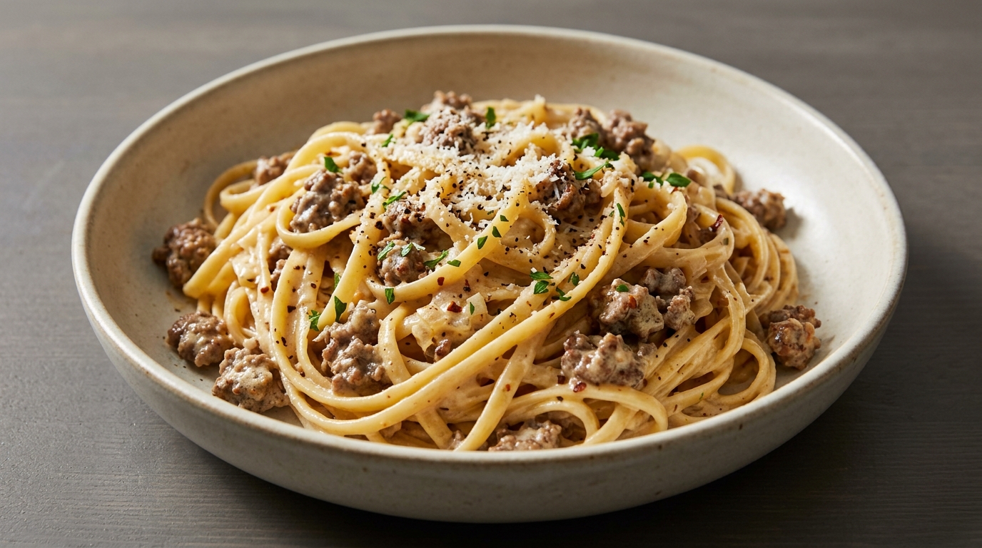 Oksekød linguine med tre-ostes hvidløgssovs