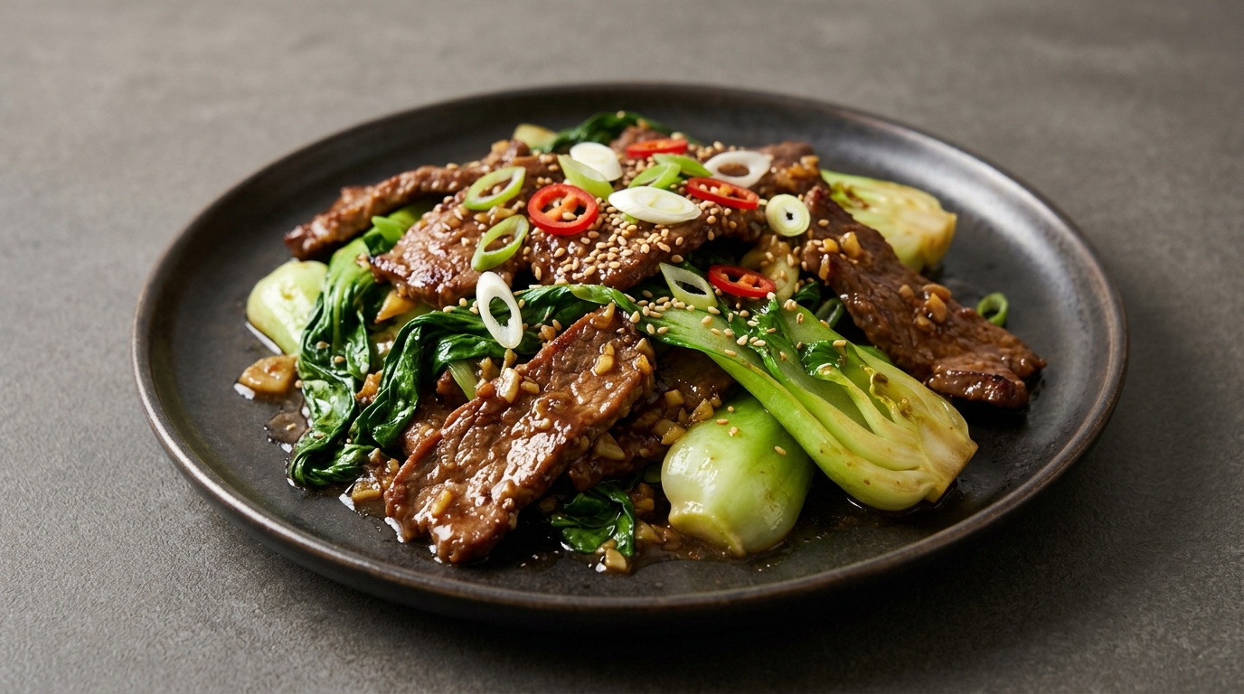 Hvidløgsbøf & bok choy stir-fry