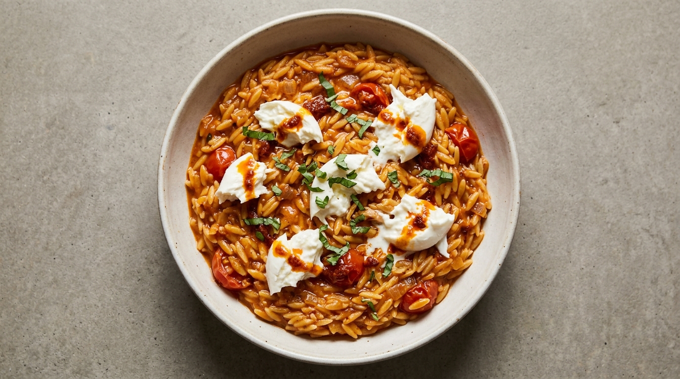 Spicy orzo med nduja, friske tomater og burrata