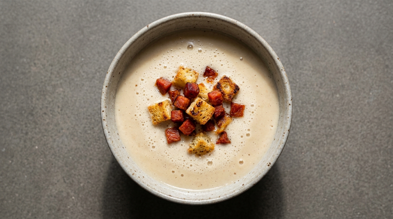 Jordskokkebisque m. chorizo croutoner