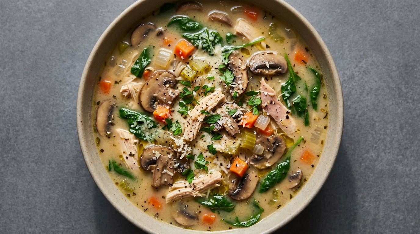 Kyllingesuppe med rotisserie-kylling og svampe