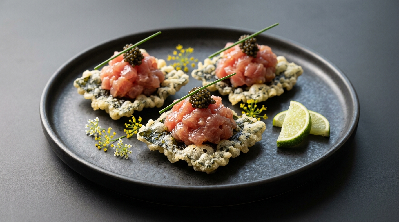 Nori tempura & yuzu-tun tartare
