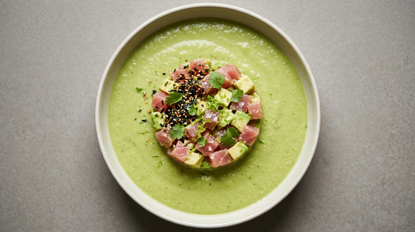 Tun-avocadotartare med krydret fennikel- og poblano-gazpacho