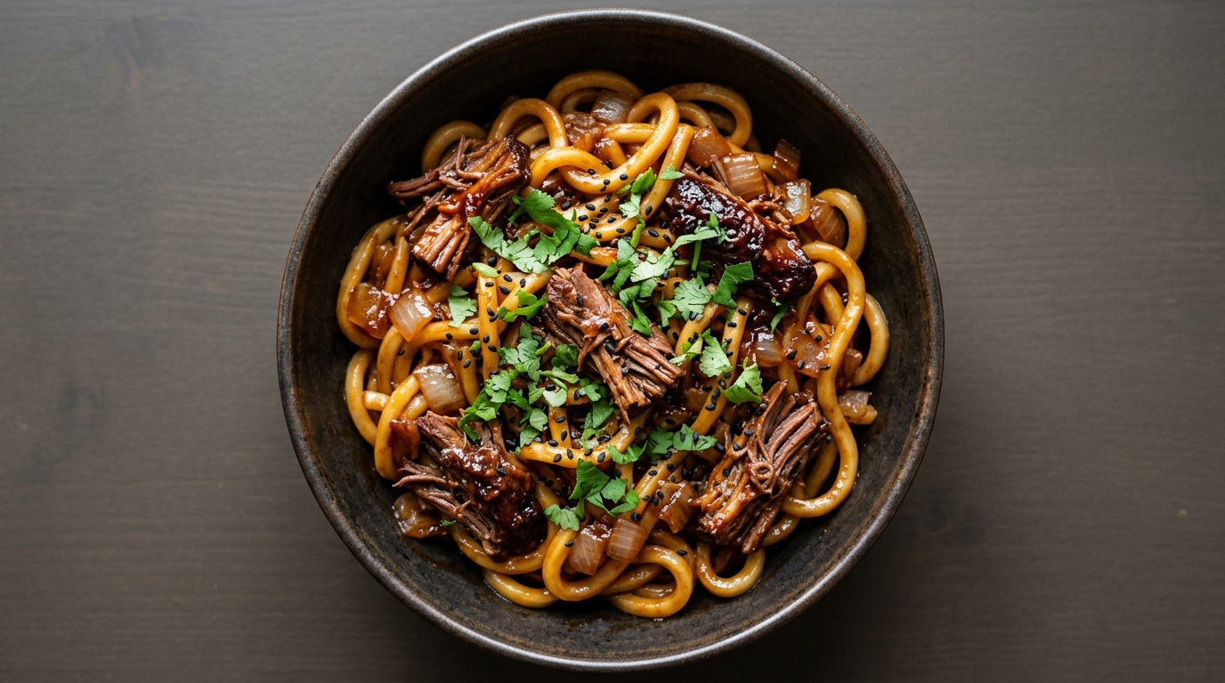 Koreanske pulled beef-nudler