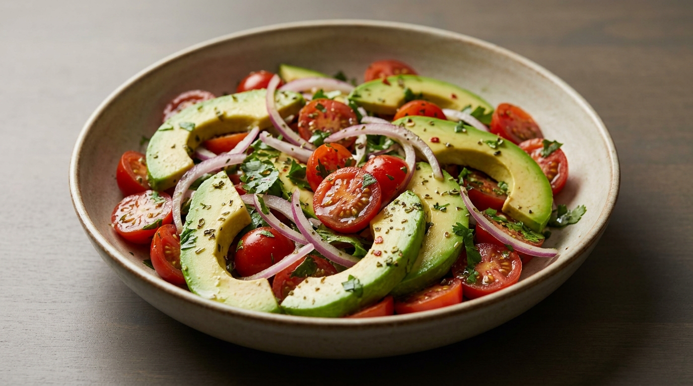 Avocado-, tomat- og rødløgssalat med frisk urtedressing