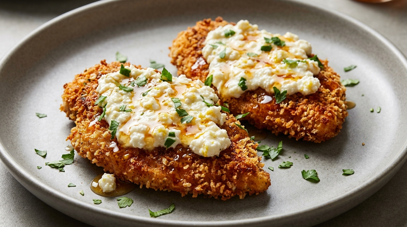 Sprødt kylling med stærk honning, citron og feta