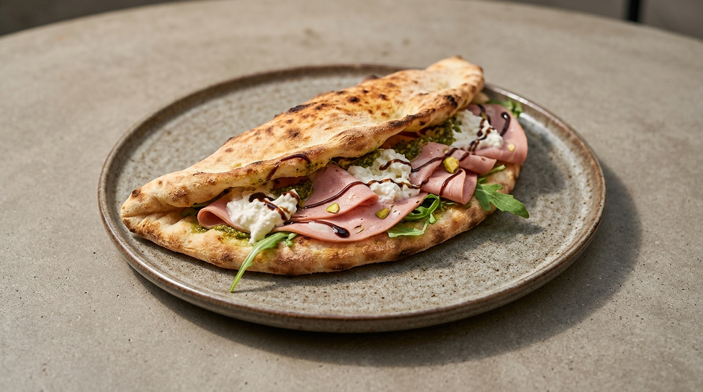 Pizzasandwich med pesto, rucola, mortadella, burrata og balsamico glaze